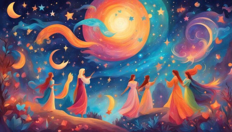 Women in gowns dance under a colorful night sky with moons and stars