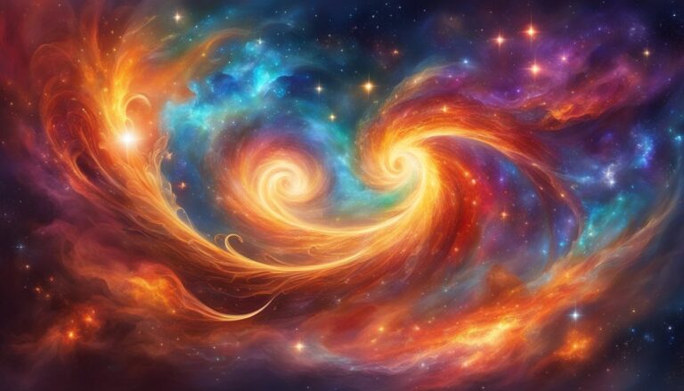 Swirling nebulae of orange, blue, and purple with bright stars in space