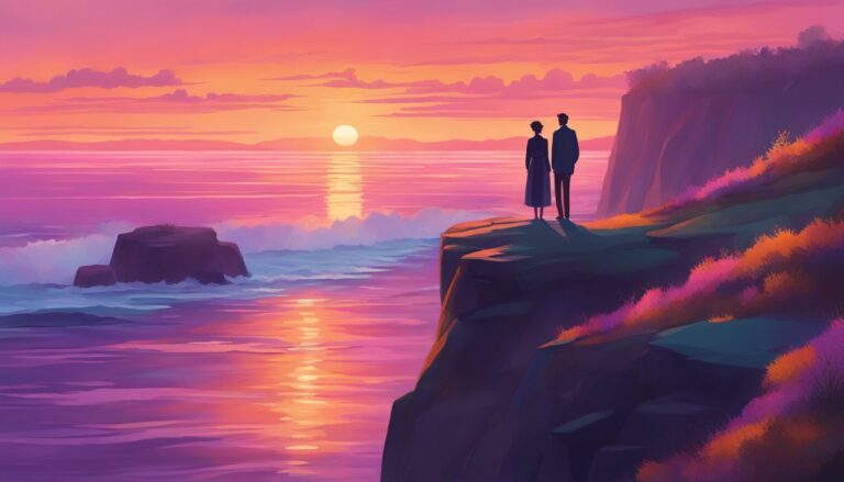 Couple watching sunset over ocean from a cliff, vibrant colors