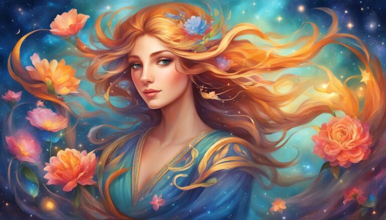Woman with flowing hair and flowers in a starry, colorful background