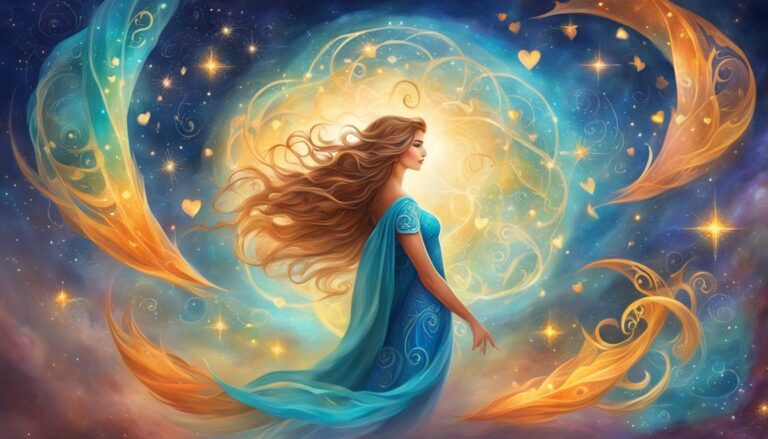 Woman in blue dress with flowing hair in a starry, celestial scene