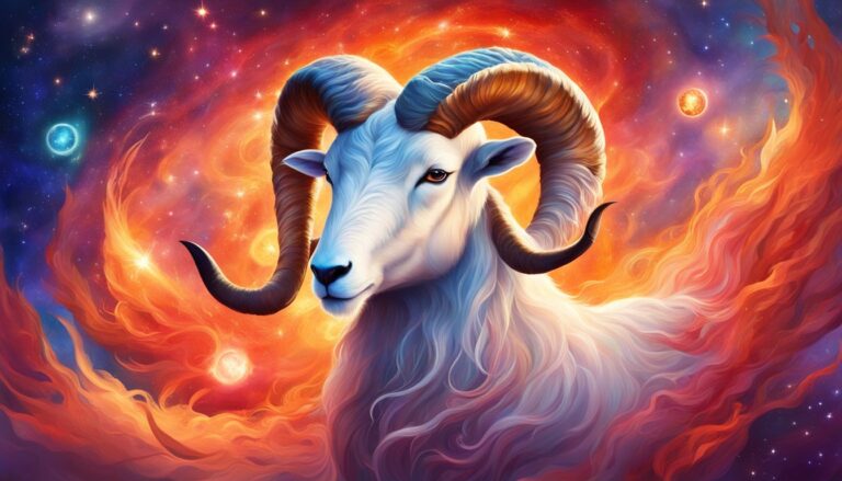 Illustration of the Aries zodiac sign, a ram, against a cosmic background