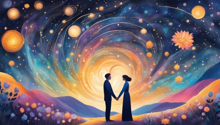 Couple holding hands under a swirling galaxy with flowers and mountains