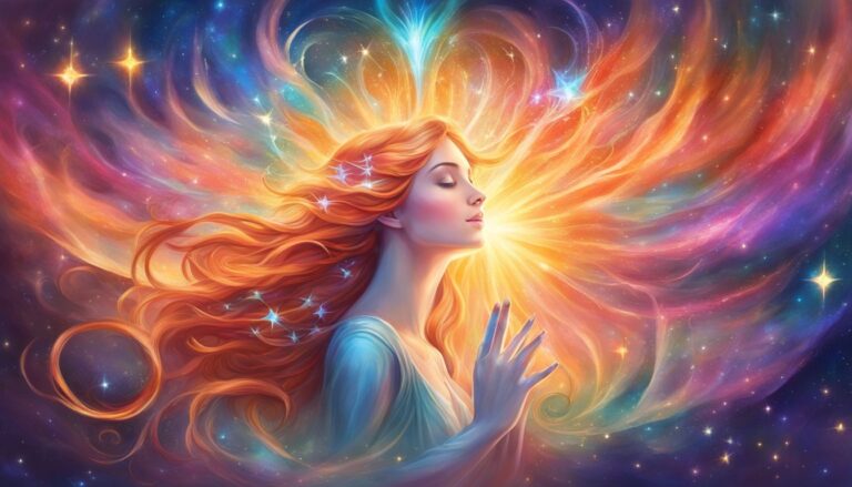 Woman with red hair and starlight, surrounded by a colorful, cosmic aura