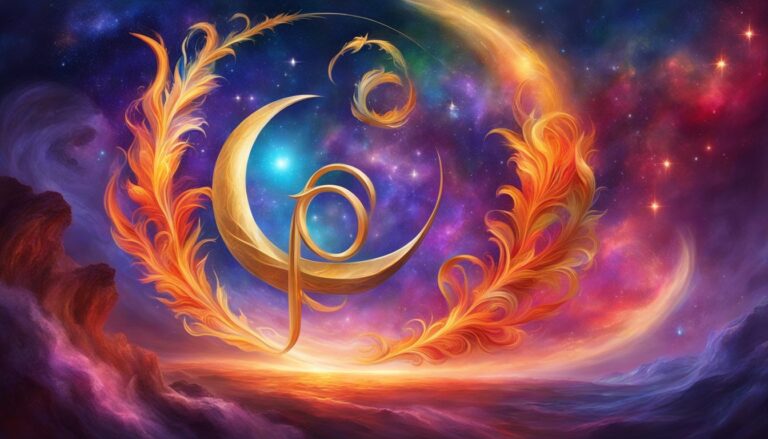 Golden crescent moon with fiery feathers against a starry, colorful sky