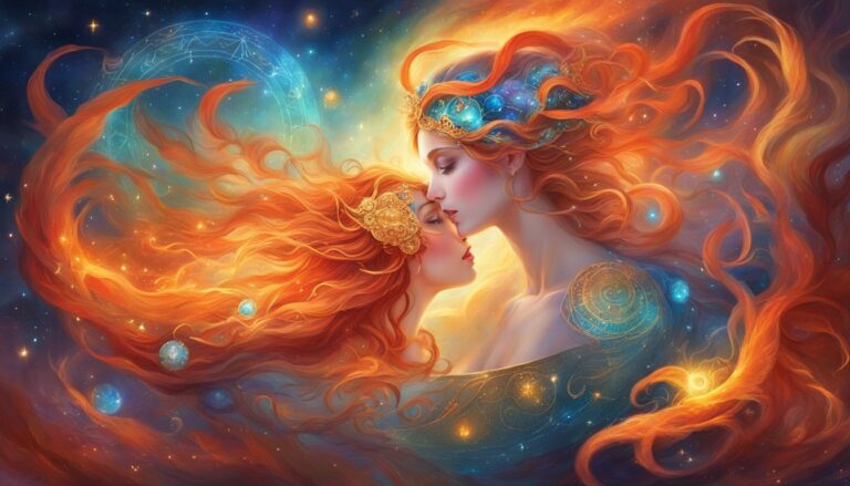 Two women with fiery hair in a cosmic embrace, celestial background