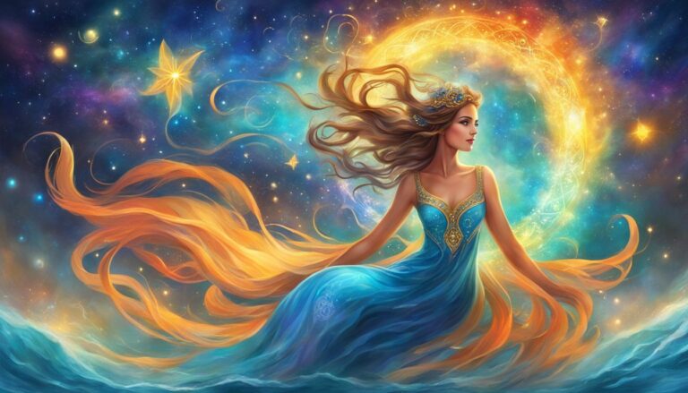 Woman in blue dress with flowing hair in a starry, celestial scene