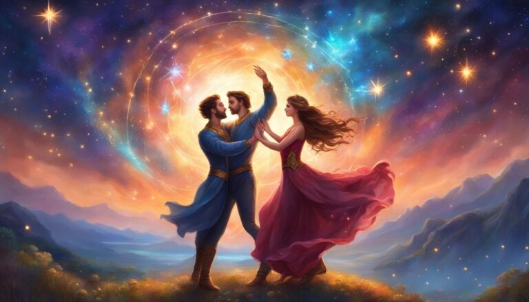 Two men and a woman dance under a starry, swirling sky