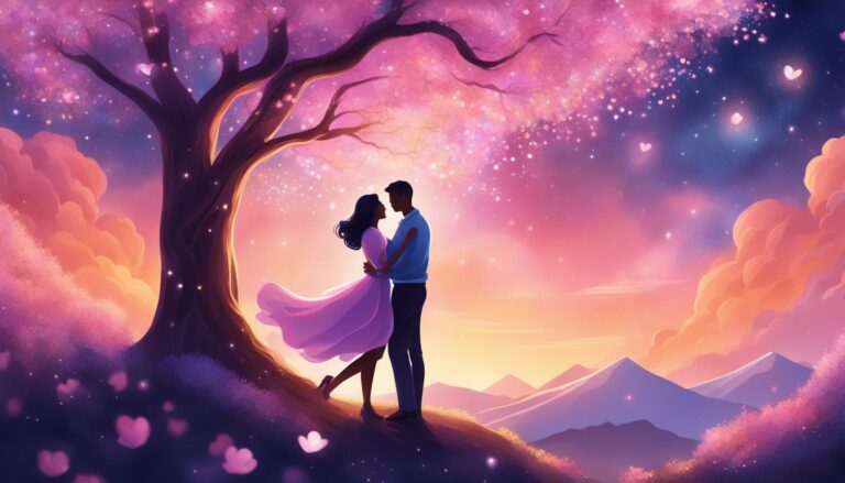 Couple embracing under a pink flowering tree, romantic sunset background