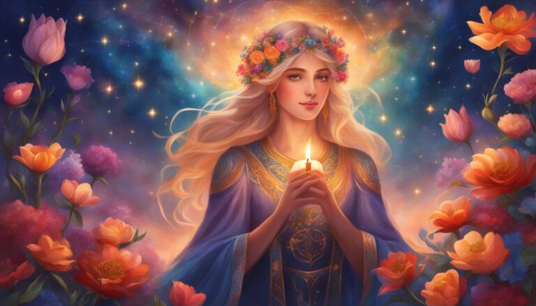 Woman with flower crown holding candle, surrounded by flowers and starry sky
