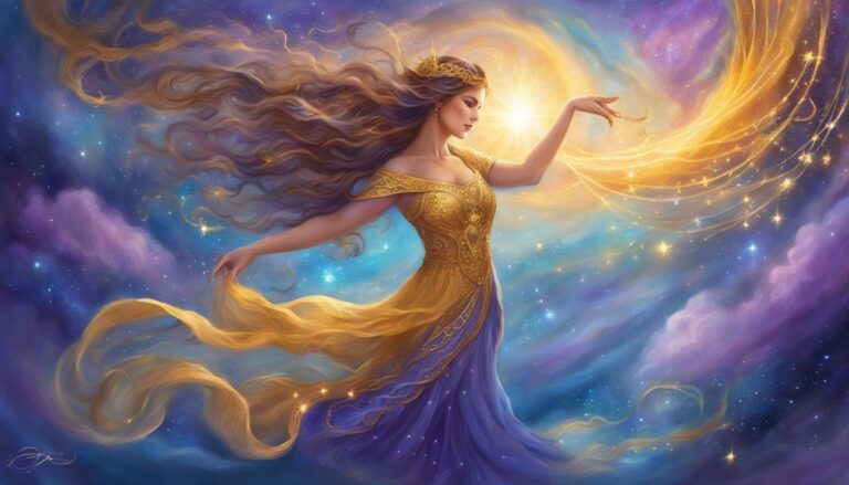 Woman in golden dress reaching towards a swirling galaxy of stars