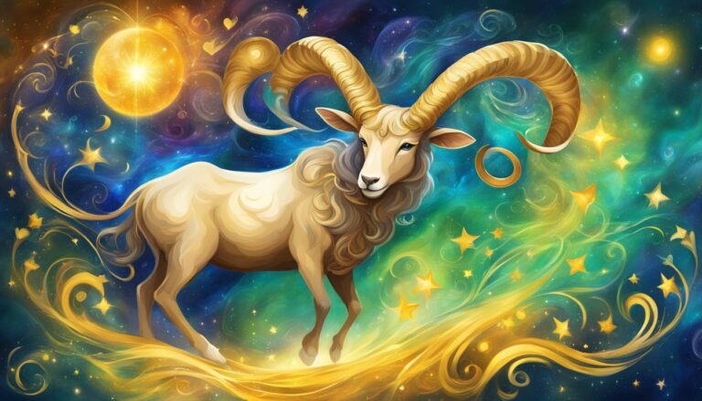 Illustration of Aries zodiac sign, a ram, in a starry, colorful space