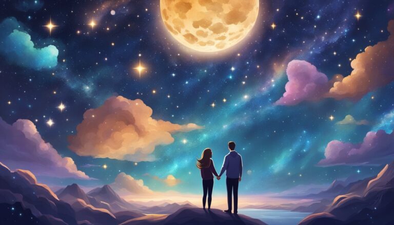 Couple holding hands, gazing at a starry night sky with a large moon
