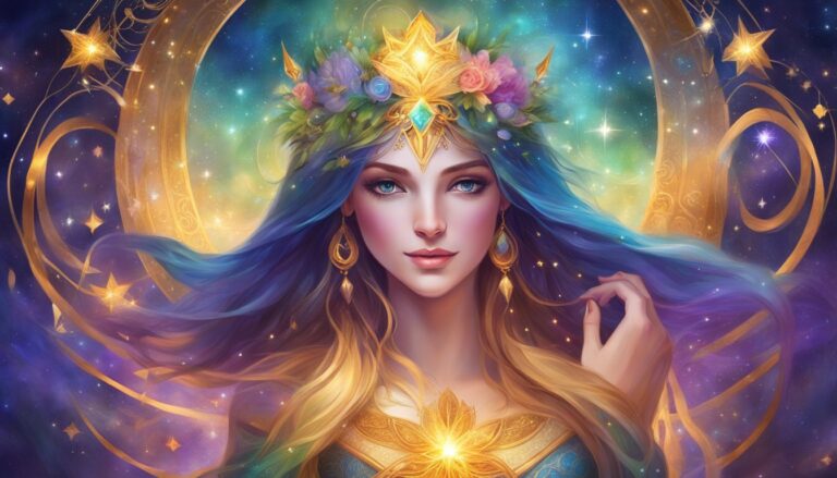 Celestial woman with blue hair and floral crown, surrounded by stars and gold
