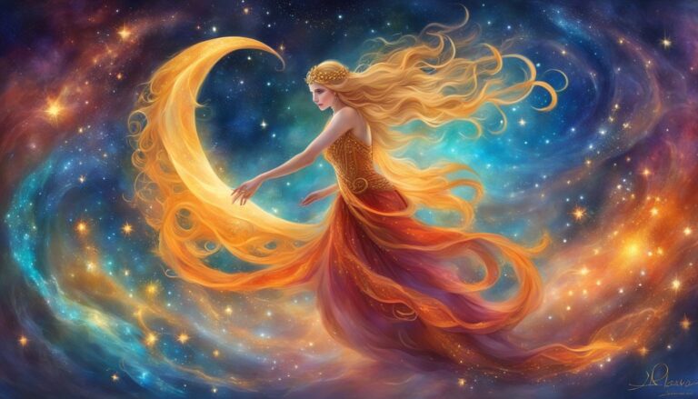 Woman in flowing gown reaching toward a crescent moon in a starry galaxy