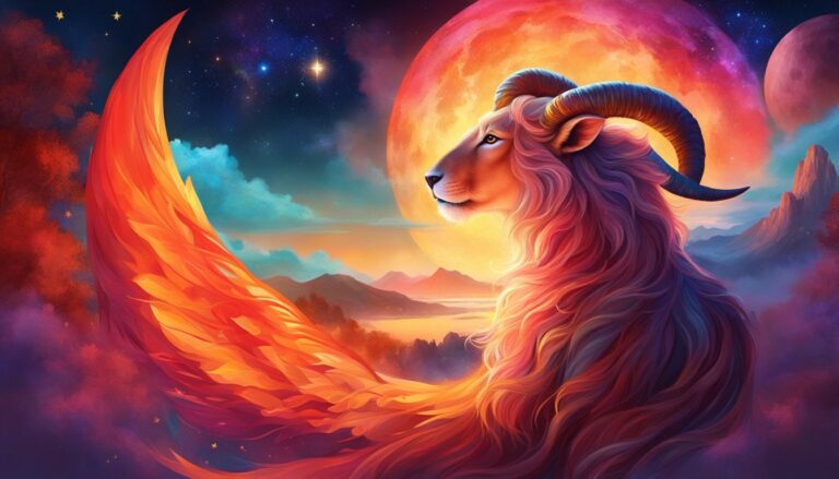 Fantasy illustration of an Aries ram with fiery mane and celestial background