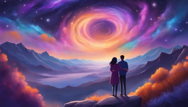 Couple gazing at a swirling galaxy above a mountain landscape