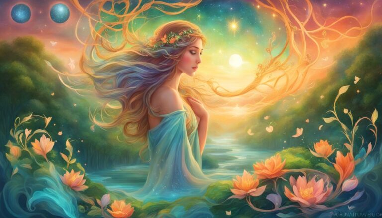 Woman in flowing gown with long hair, flowers, and celestial background