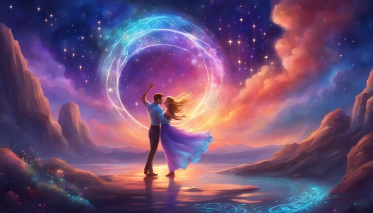 Couple dancing under a glowing celestial arch, with a starry sky background
