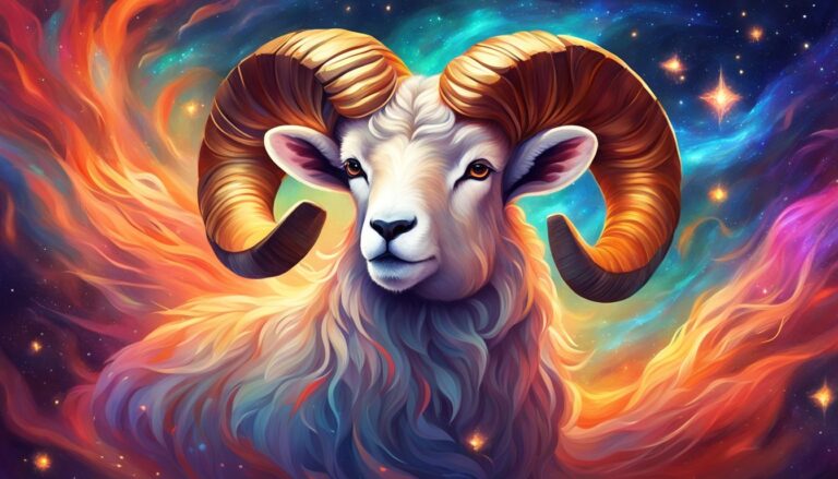 Aries zodiac sign illustration: ram with large horns against a colorful cosmic background
