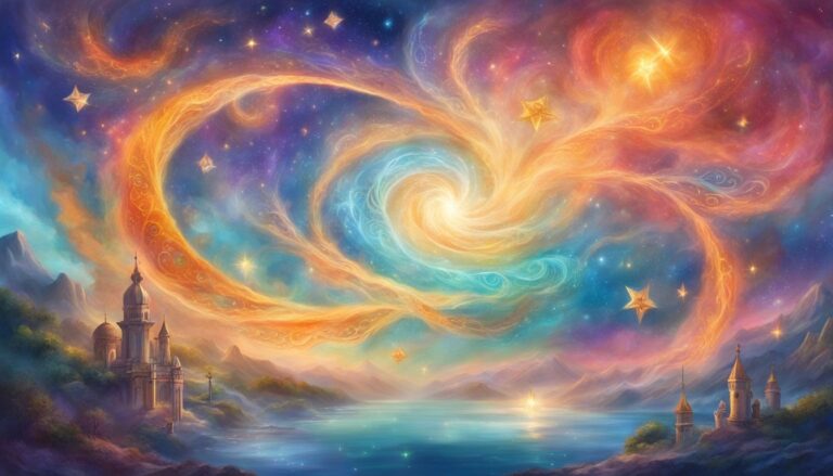 Whimsical landscape with swirling galaxy, castles, and starry sky