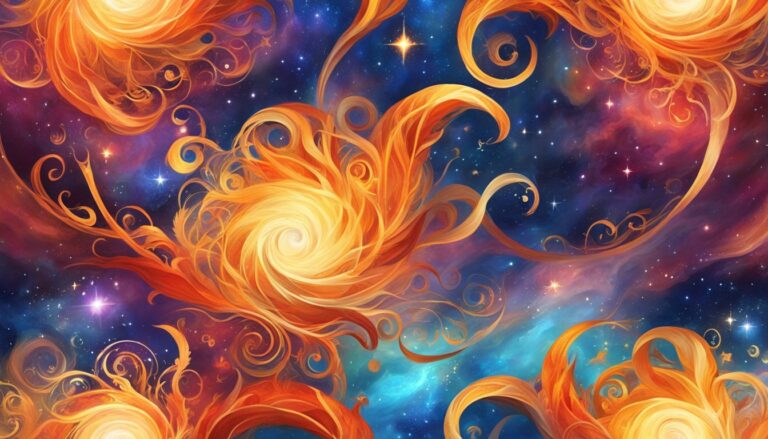 Abstract cosmic art with swirling orange and yellow shapes, starry background