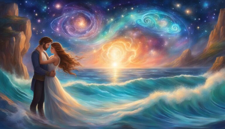 Couple embracing on a beach with a cosmic sky and ocean waves