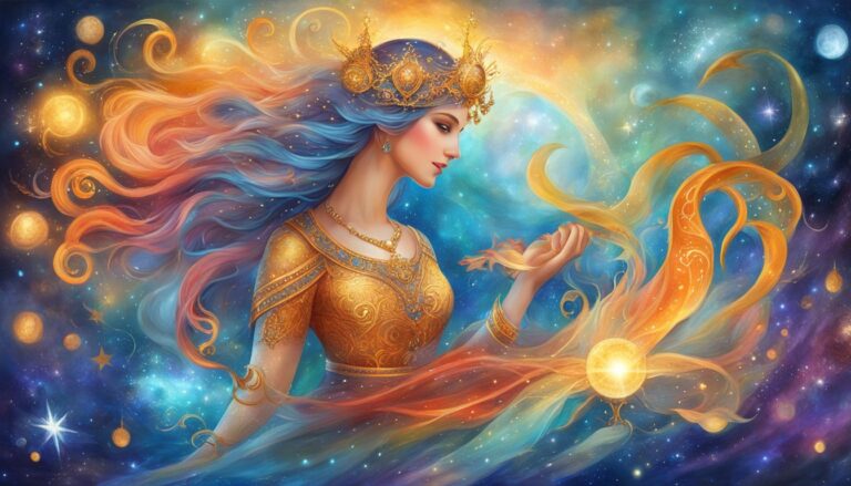 Woman in gold dress and crown, surrounded by stars and flowing colors