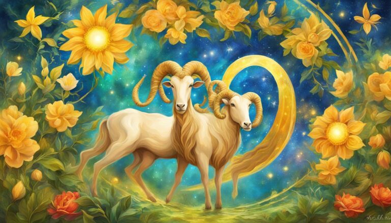 Two rams with large horns, surrounded by yellow flowers and starry sky