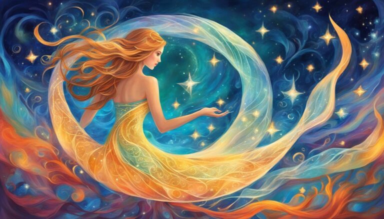 Woman in flowing dress surrounded by stars and celestial swirls