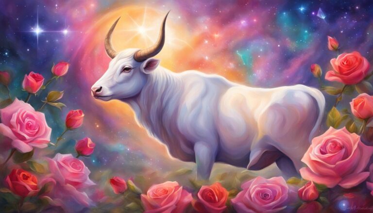 White bull with horns, roses, and a colorful cosmic background