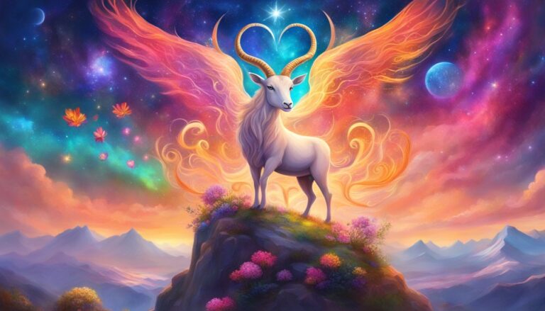 Fantasy illustration of a goat with heart-shaped horns and colorful wings