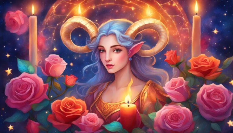 Woman with ram horns, surrounded by roses, candles, and a starry background