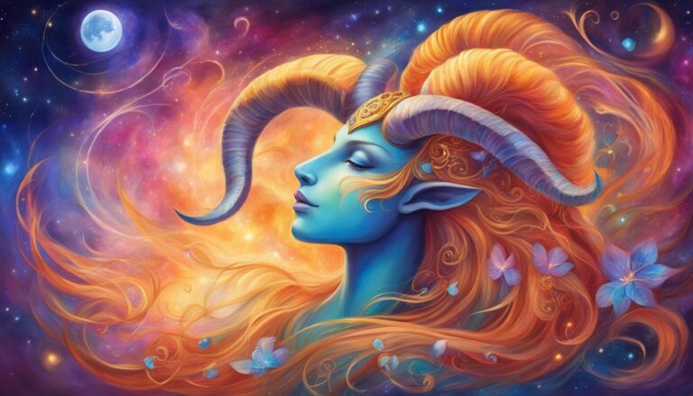 Fantasy illustration of a blue-skinned woman with horns, in a cosmic background
