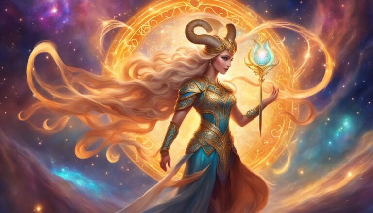 Fantasy woman with horns, holding a staff, in front of a golden circle