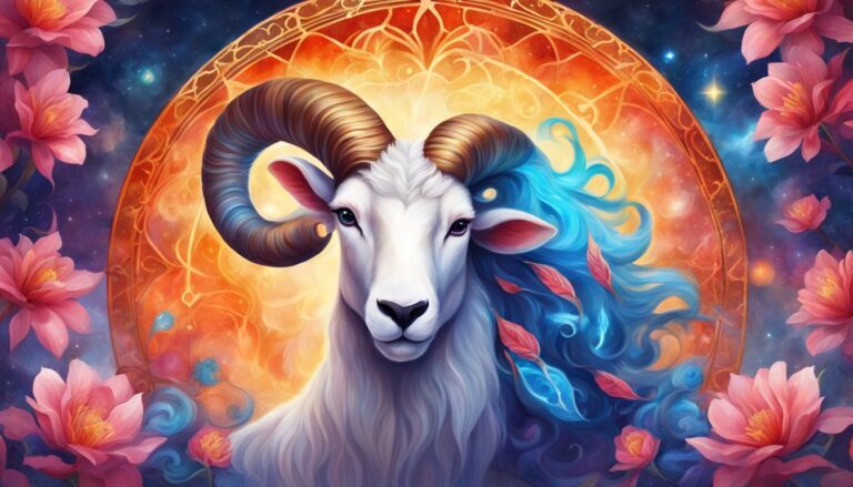 Aries zodiac sign art with ram, flowers, and celestial background