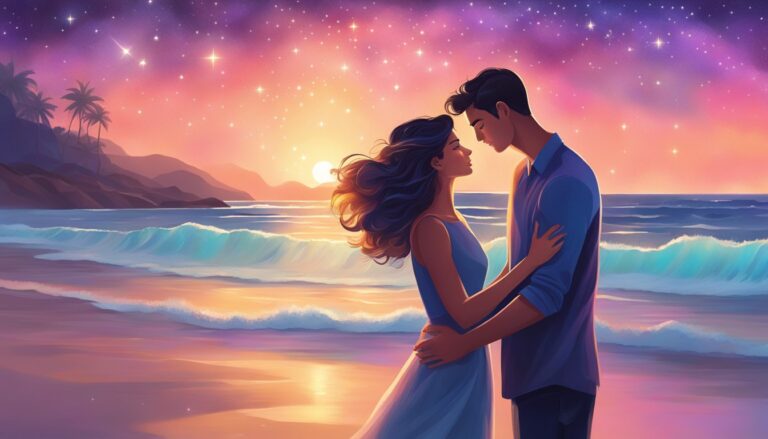 Couple embracing on a beach at sunset, under a starry sky
