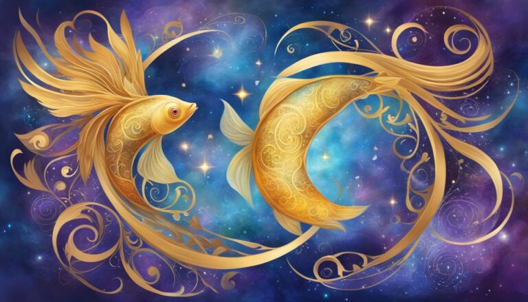 Two golden fish swimming in a starry, swirling blue and purple galaxy