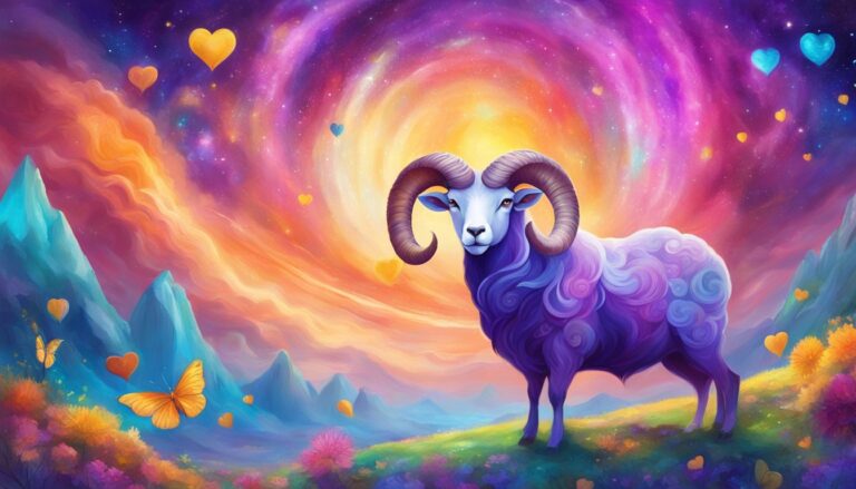 Purple ram with large horns in a colorful, dreamy landscape with hearts