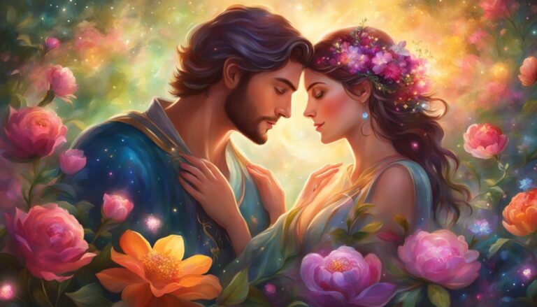 Romantic couple in a garden of flowers, heads touching, dreamy, soft lighting