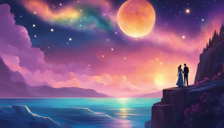 Couple holding hands on cliff, under a starry, colorful sky
