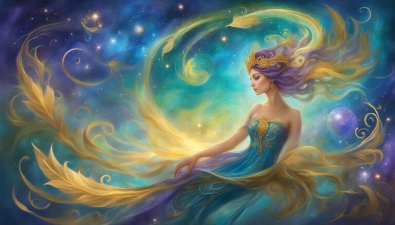 Woman in a blue dress with flowing hair and a starry background