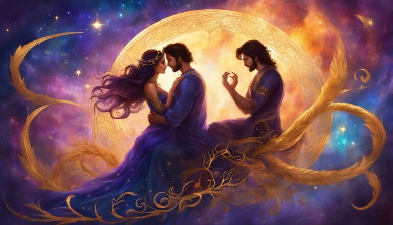 Couple embracing under a golden arch, with a third figure in a starry sky