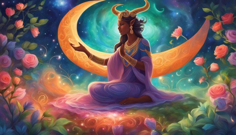Woman with horns sits on a flower bed, in front of a crescent moon