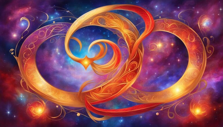 Ornate golden ribbons with red accents against a starry, colorful nebula background