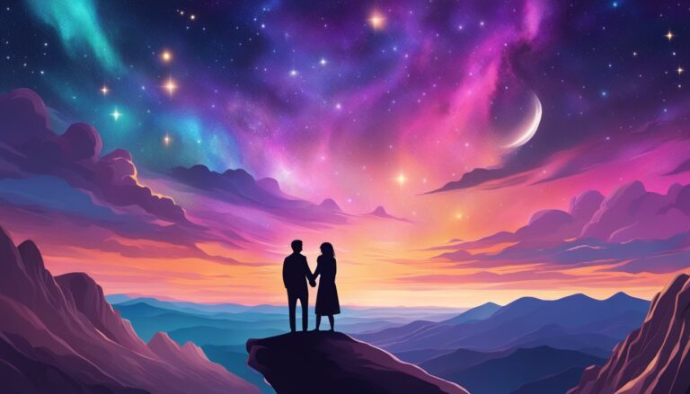 Couple holding hands, silhouetted against a vibrant, starry night sky