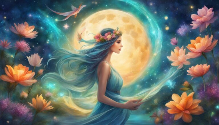 Woman with long blue hair, flowers, and moon in a starry night sky