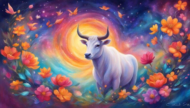White bull with horns in a colorful floral and starry cosmic scene
