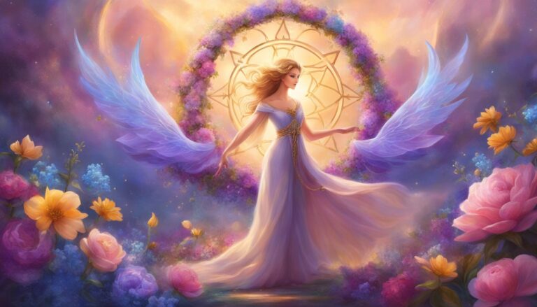 Woman with angel wings and a floral halo, surrounded by flowers