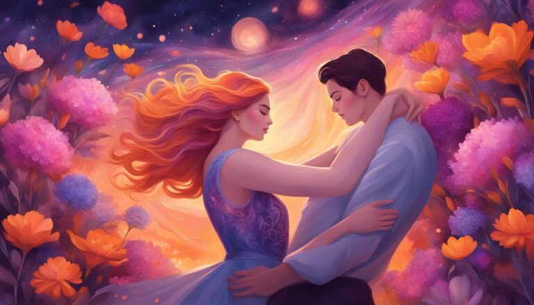 Romantic illustration of a couple embracing in a flower-filled, starry night scene